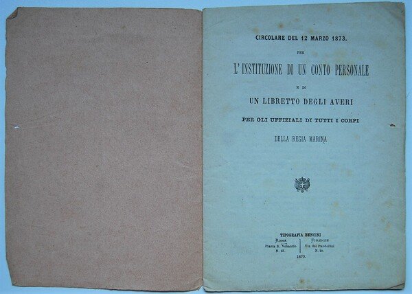 CIRCOLARE DEL 12 MARZO 1873 PER L'ISTITUZIONE DI UN CONTO …