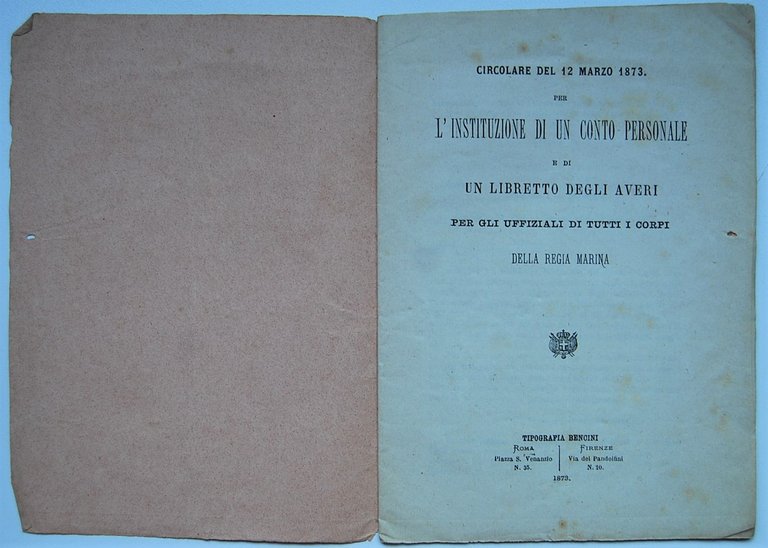 CIRCOLARE DEL 12 MARZO 1873 PER L'ISTITUZIONE DI UN CONTO …
