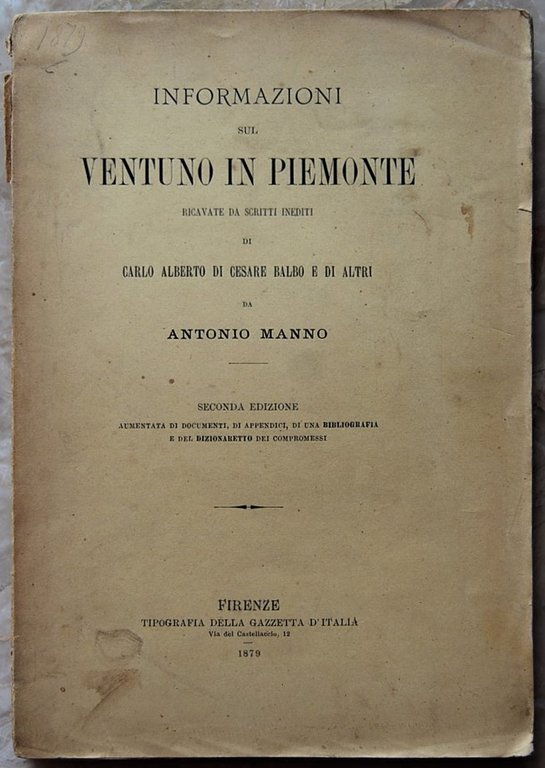INFORMAZIONI SUL VENTUNO IN PIEMONTE. RICAVATE DA SCRITTI INEDITI DI …