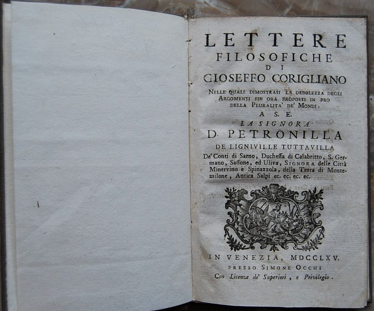 LETTERE FILOSOFICHE DI GIOSEFFO CORIGLIANO. NELLE QUALI DIMOSTRASI LA DEBOLEZZA …