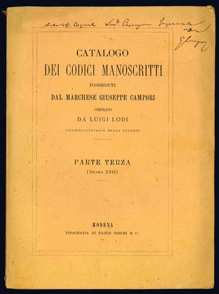 Catalogo dei codici manoscritti posseduti dal Marchese Giuseppe Campori.