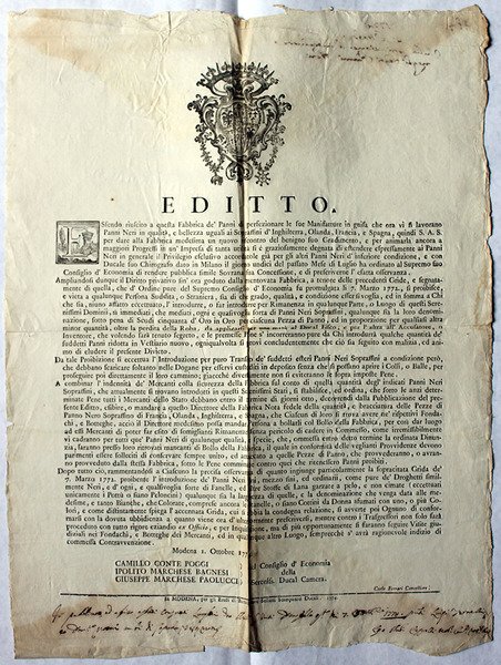 Editto datato 1° ottobre 1774, col quale si vietava l'introduzione …