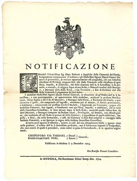 Notificazione del Duca di Modena circa le suppliche della ComunitÃ …