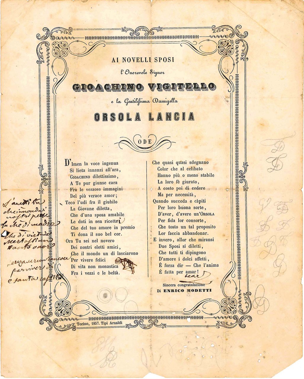Ai novelli sposi l'Onorevole Signor Gioachino Vigitello e la Gentilissima … | Immagine principale