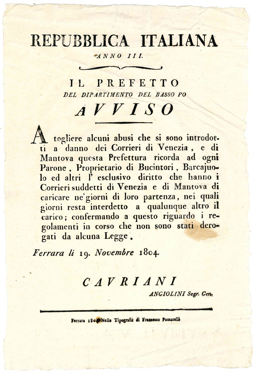 Anno III, Il Prefetto del Dipartimento del Basso Po. Avviso