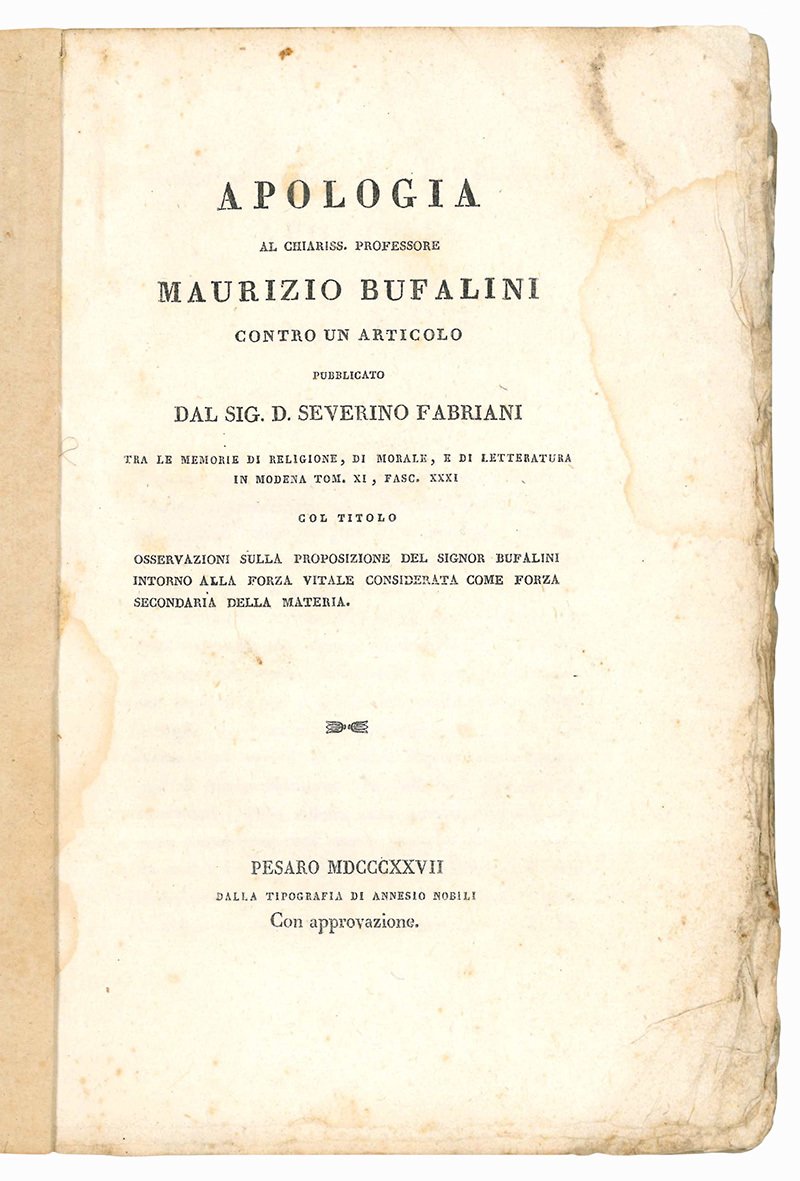 Apologia al chiariss. professore Maurizio Bufalini contro un articolo pubblicato …