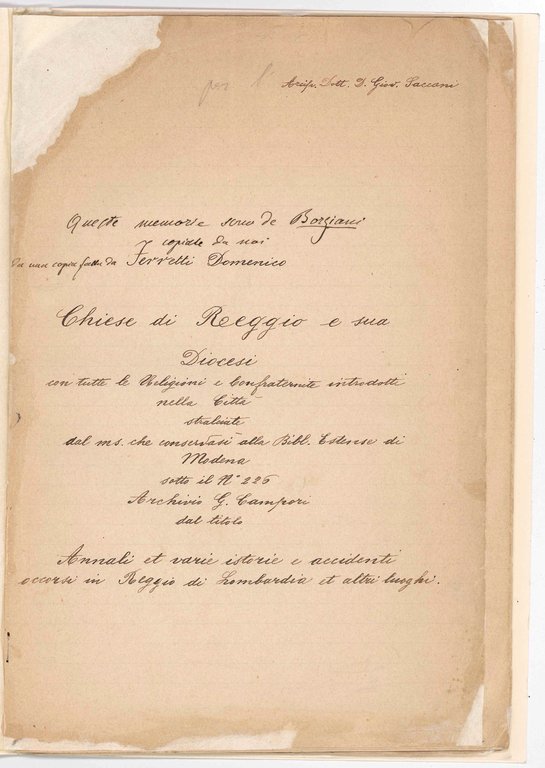 Arcip. Dott. D. Giov. Saccani. Queste memorie sono de Borziani … | Immagine Gallery 3
