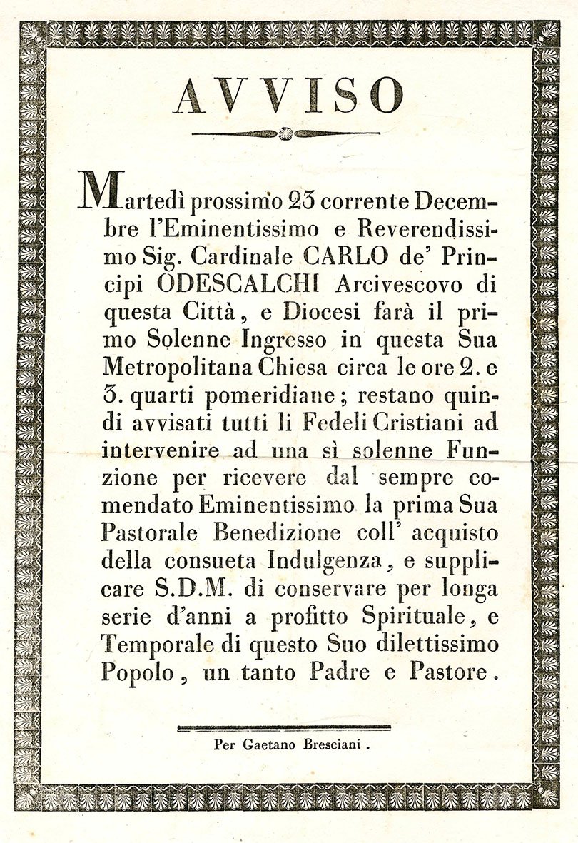 Avviso ai fedeli: martedì 23 Dicembre (1823) il Card. Carlo …