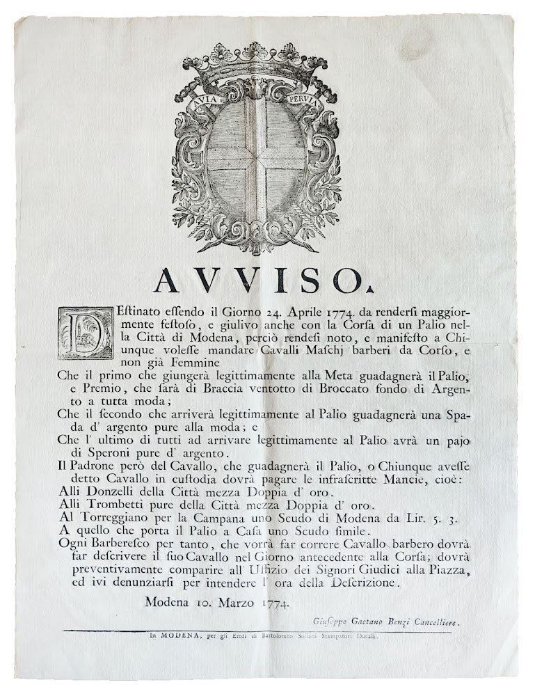 Avviso firmato dal Cancelliere Giuseppe Gaetano Benzi e datato Modena, …