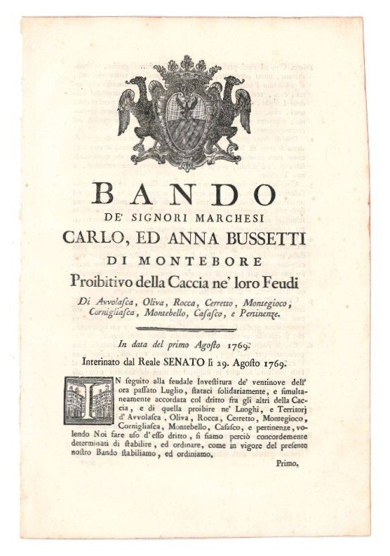 Bando de' signori marchesi Carlo, ed Anna Bussetti di Montebore …