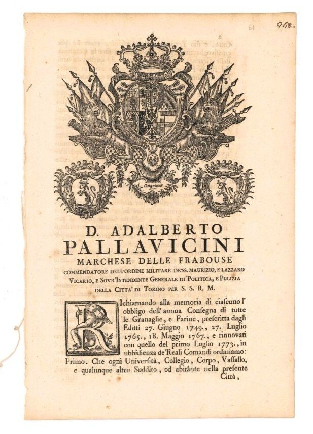 Bando sulla consegna delle granaglie al Marchese delle Frabouse D. …