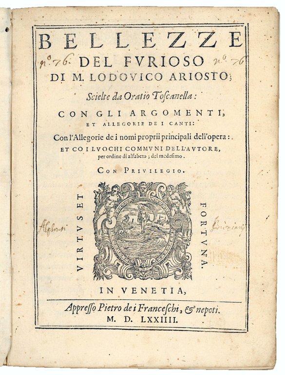 Bellezze del Furioso di M. Lodovico Ariosto; scielte da Oratio …