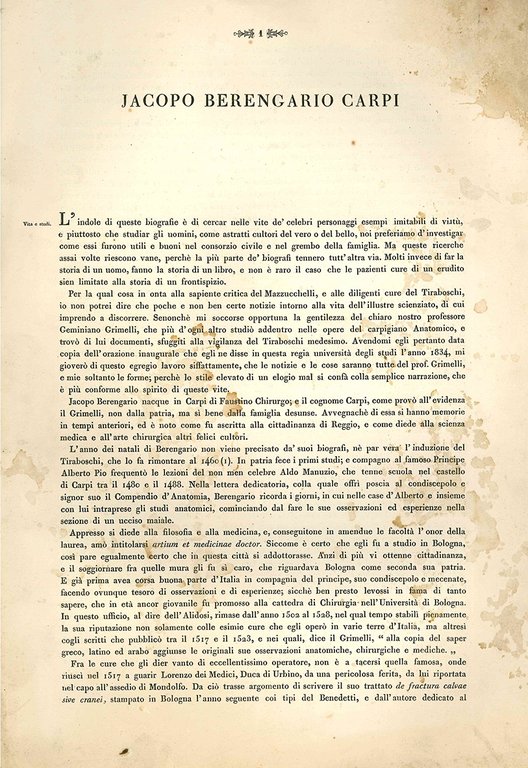 Berengario da Carpi. Ritratto in litografia (da un dipinto ad …