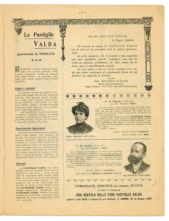 Bollettino pubblicitario illustrato delle celebri pastiglie Valda.