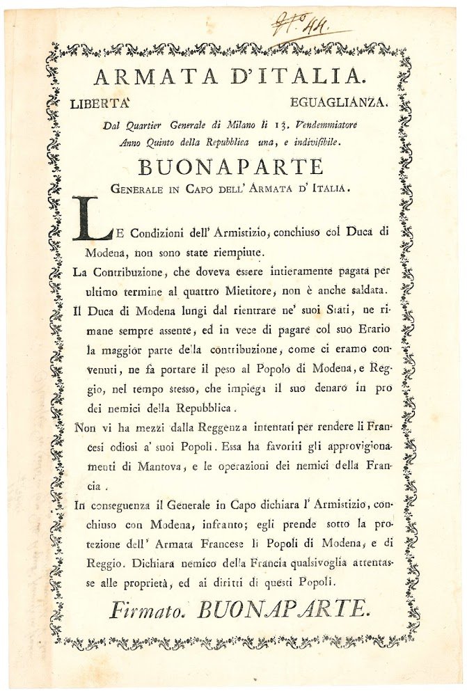 Bonaparte Generale in Capo dell'Armata in Italia. Le condizioni dell'Armistizio, …