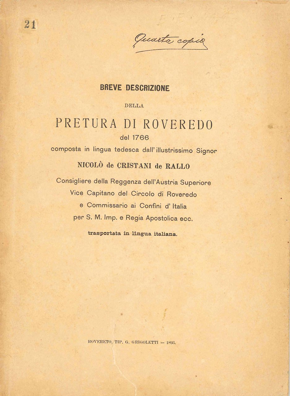 Breve descrizioni della Pretura di Roveredo del 1766 composta in … | Immagine principale