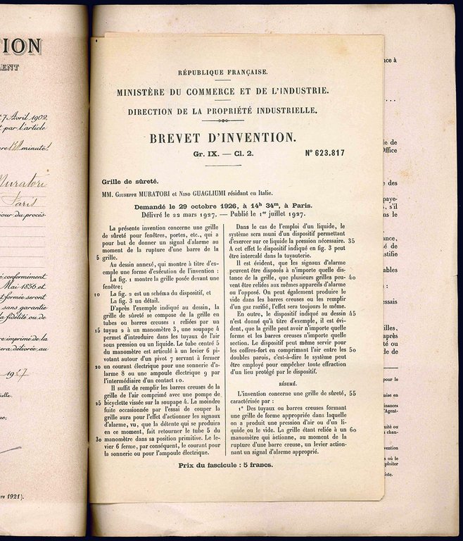 Brevet d'invention. Grille de suretè. Republique francaise. Ministere du commerce …