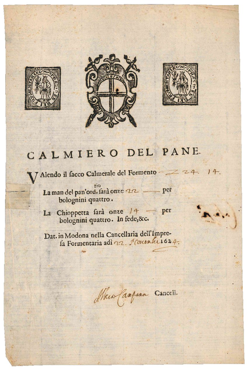 Calmiero del pane. Modena, 22 November 1624