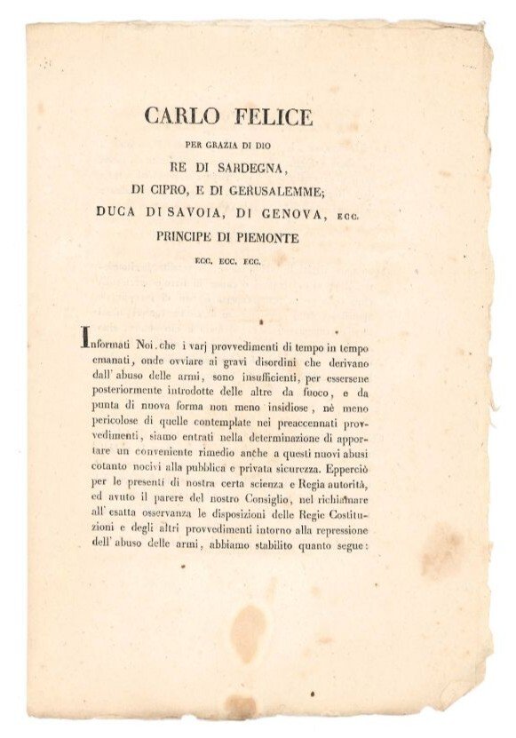 Carlo Felice per Grazia di Dio Re di Sardegna, di …