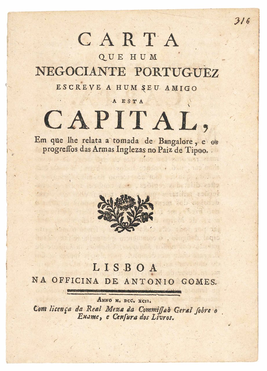Carta que hum negociante portuguez escreve a hum seu amigo … | Immagine principale