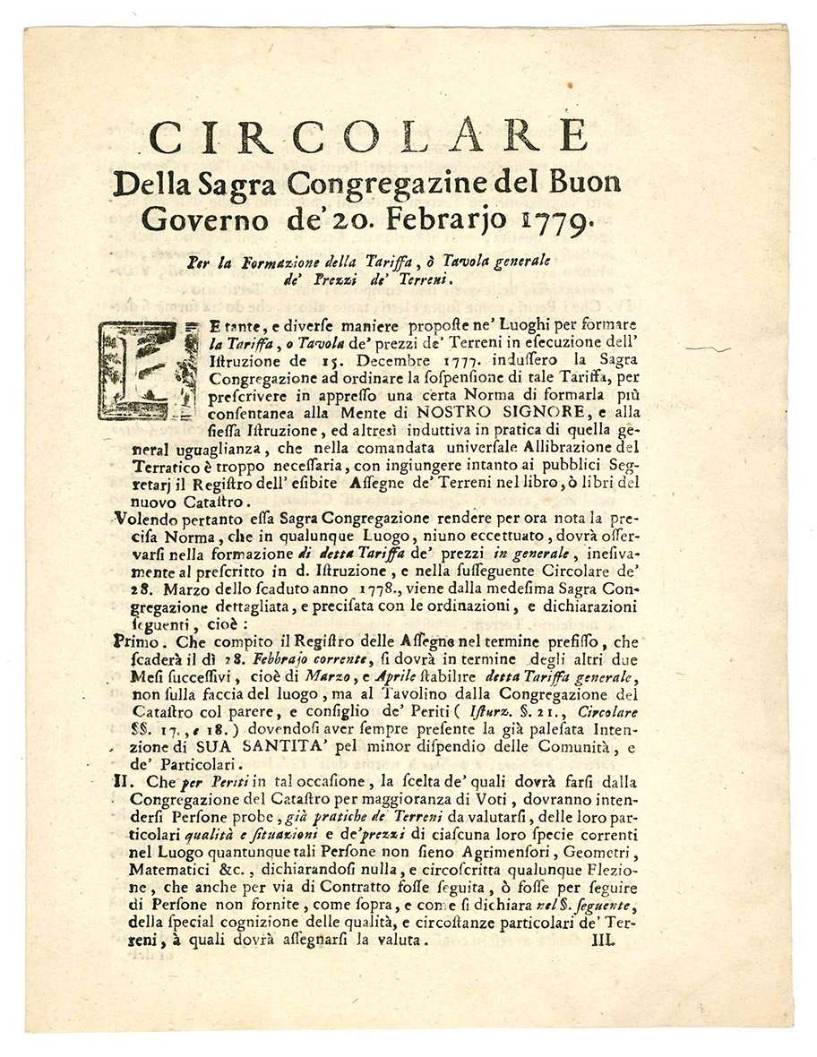 Circolare della Sagra Congregazione del Buon Governo de' 20. Febrarjo …