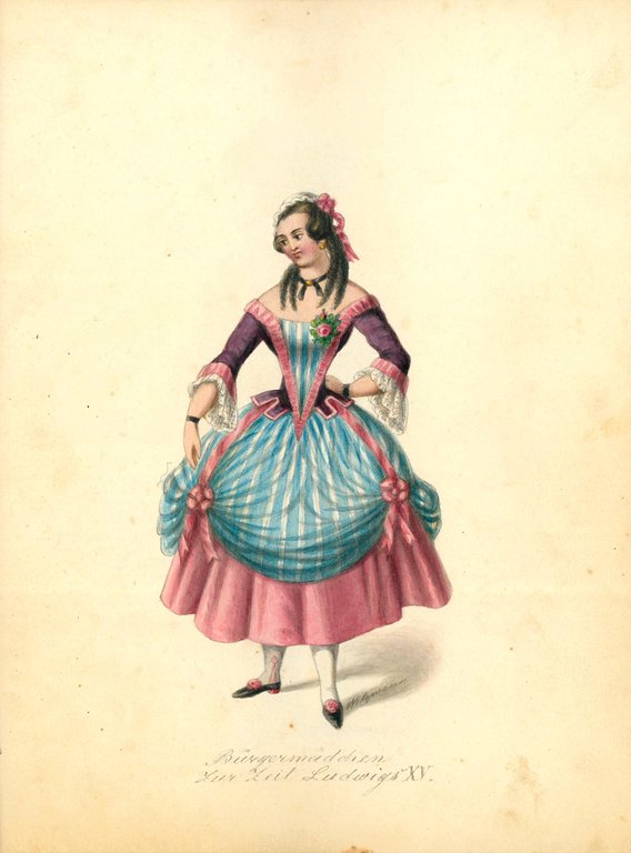 Collection of 70 watercolor drawings showing different theater costumes signed …