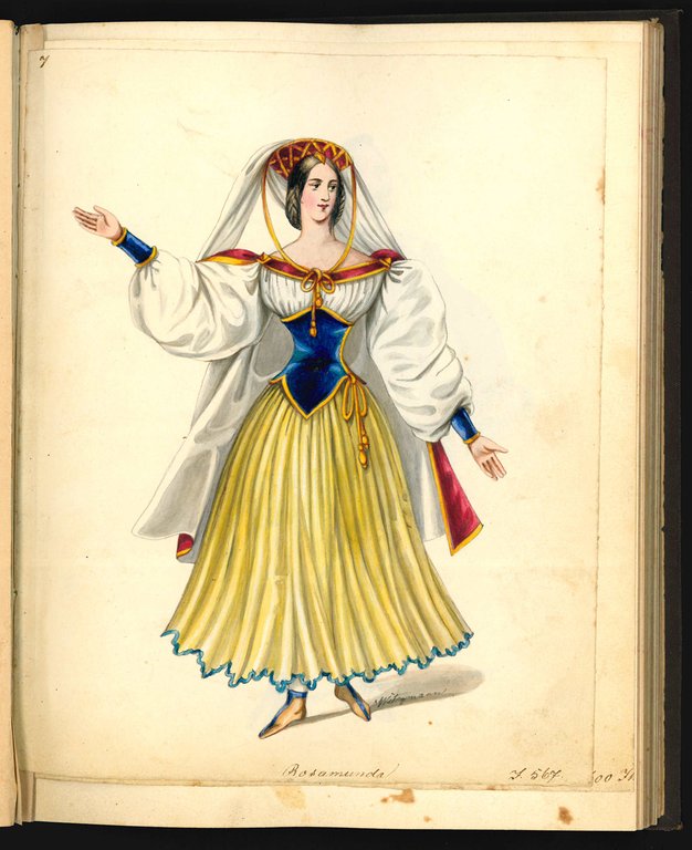 Collection of 70 watercolor drawings showing different theater costumes signed …