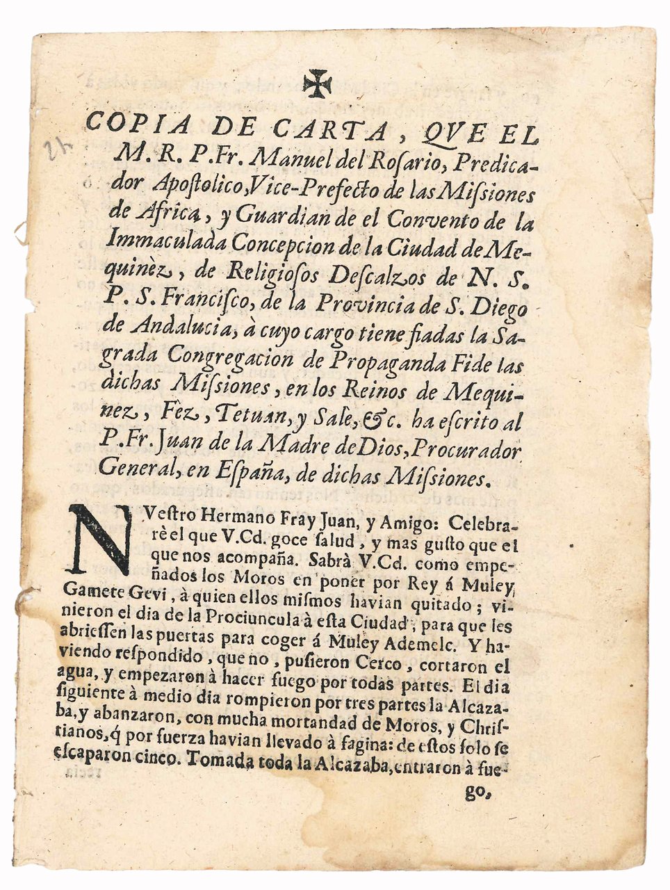 Copia de carta, que el M.R.P. Fr. Manuel del Rosario, … | Immagine principale