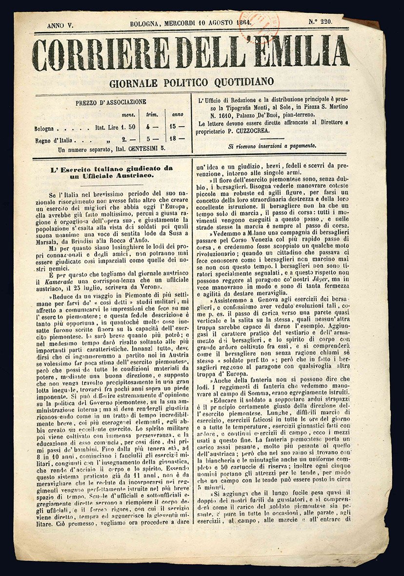 Corriere dell'Emilia (Mercordì 10 agosto 1864). Gazzetta dell'Emilia (Venerdì 23 …
