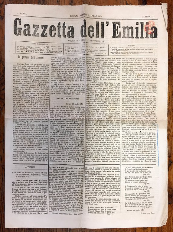 Corriere dell'Emilia (Mercordì 10 agosto 1864). Gazzetta dell'Emilia (Venerdì 23 …