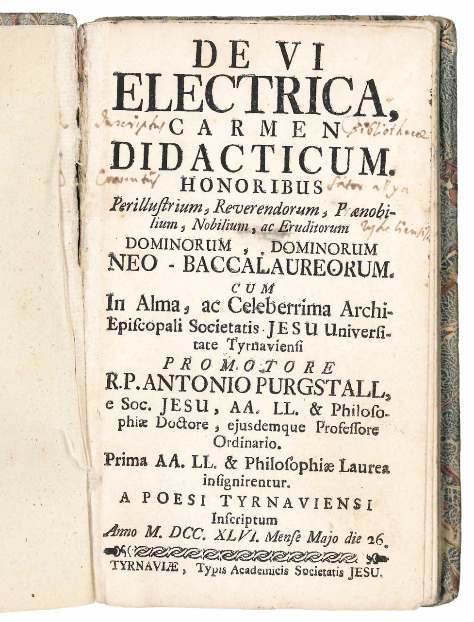 De vi electrica, carmen didacticum. Honoribus Perillustrium, Reverendorum, Praenobilium, Nobilium, … | Immagine principale