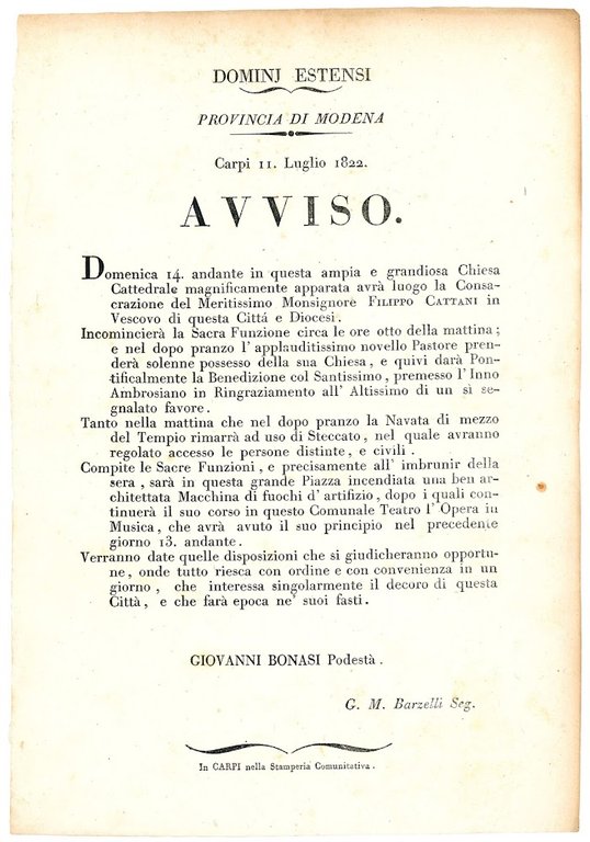 Dominj Estensi. Provincia di Modena. Carpi 11. Luglio 1822. Avviso. Giovanni Bonasi Podestà