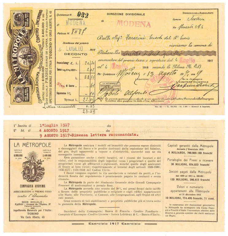 Due cedole assicurative intestate a Ferrarini Ernesta datate 4 luglio …