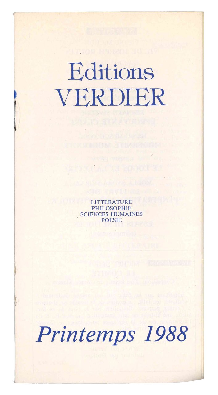 Editions Verdier. Litterature, philosophie, sciences humaines, poesie. Printemps 1988. | Immagine principale