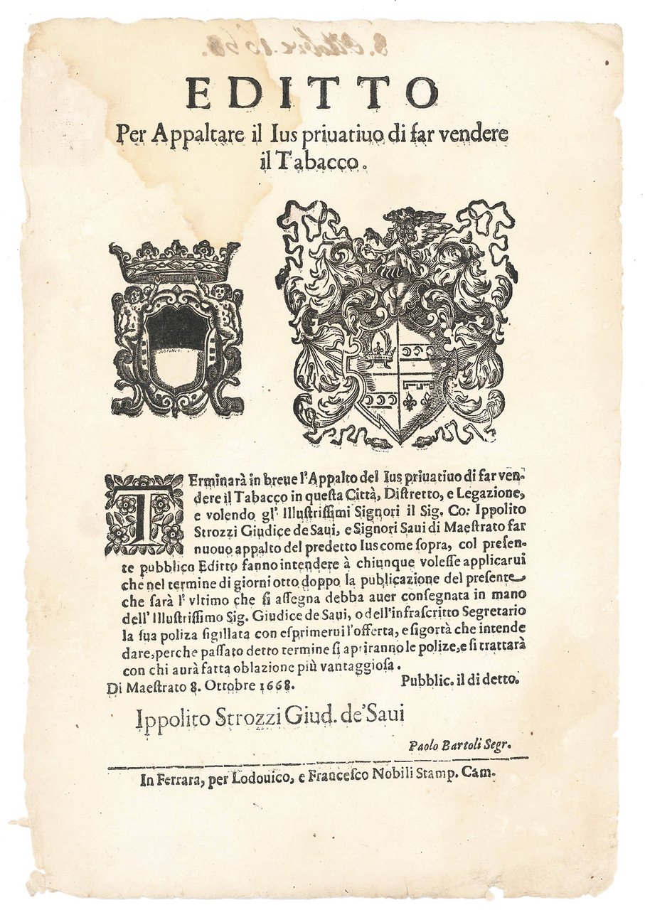 Editto per appaltare il Ius privativo di far vendere il … | Immagine principale
