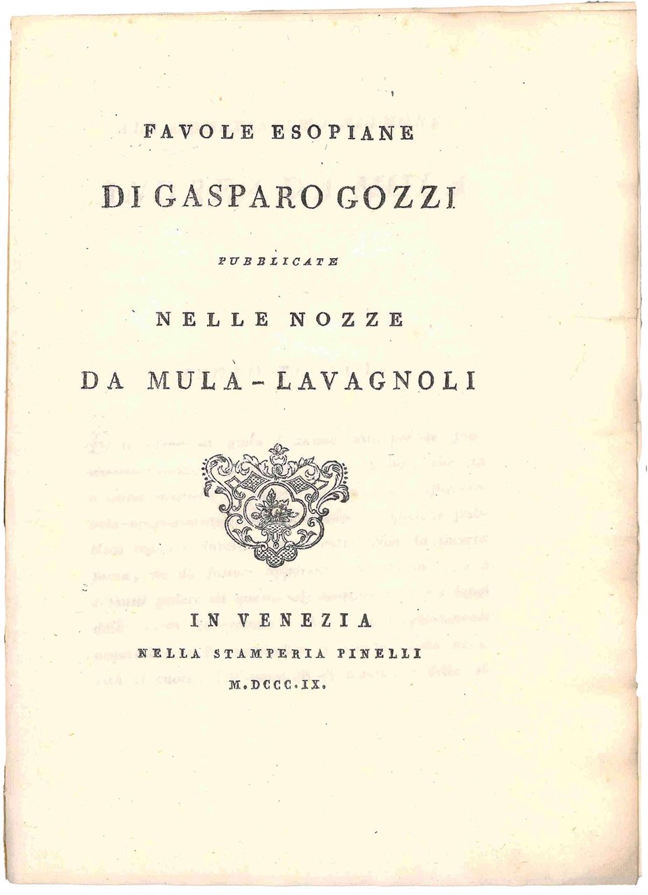 Favole esopiane di Gasparo Gozzi pubblicate nelle nozze Da Mula-Lavagnoli | Immagine principale