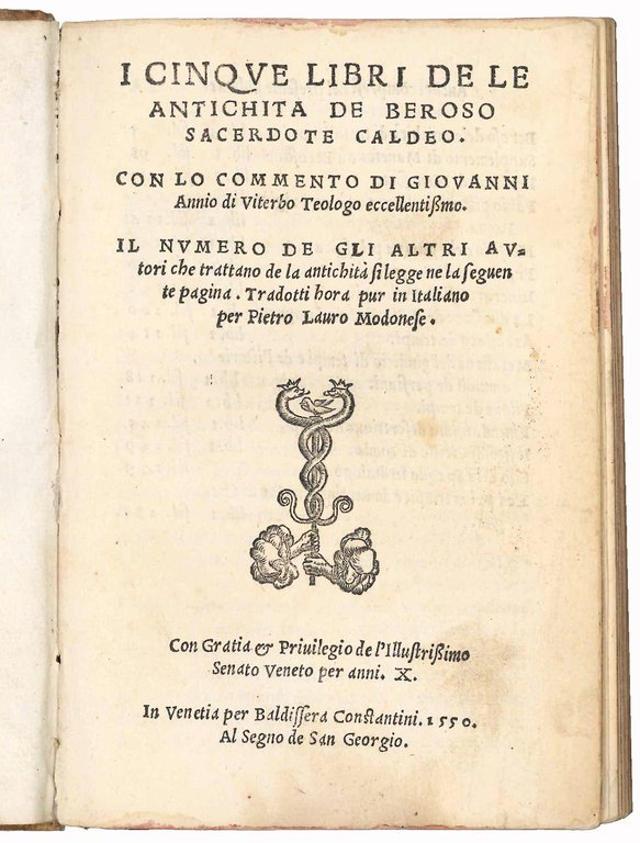 I cinque libri de le antichità de Beroso sacerdote Caldeo. …