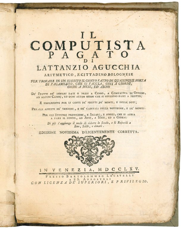 Il computista pagato di Lattantio Agucchia aritmetico, e cittadino bolognese …