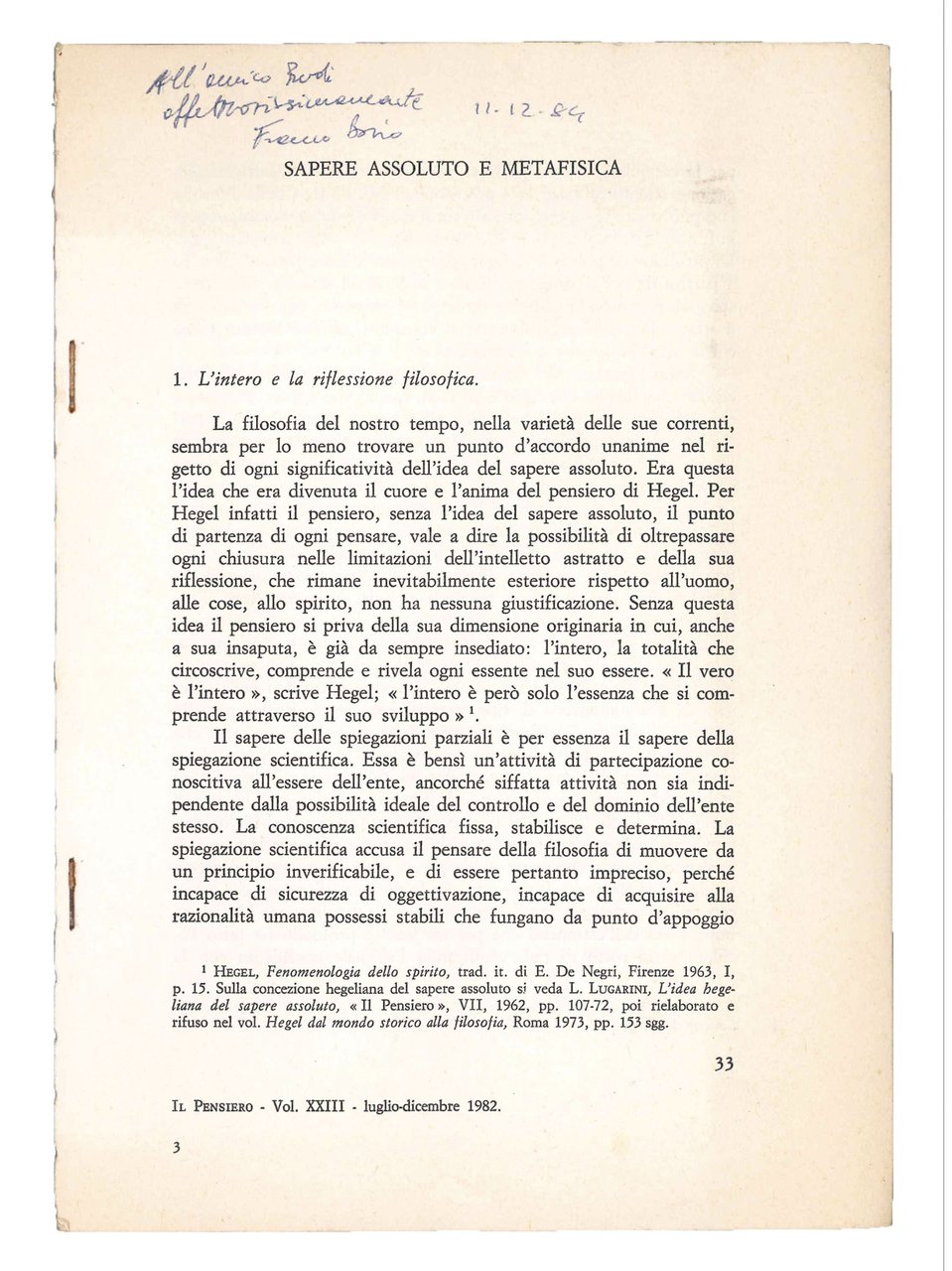 Il pensiero, vol. XXIII 1982: Sapere assoluto e metafisica. | Immagine principale