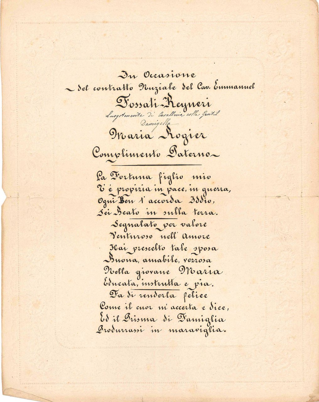 In occasione del contratto nuziale del Cav. Emmanuel Fossati-Reyneri luogotenente … | Immagine principale