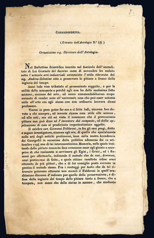 L.P. [PELLI FABBRONI, Leopoldo?]. Corrispondenza. (Estratto dell'Antologia N^ LX). Ornatissimo … | Immagine Gallery 1