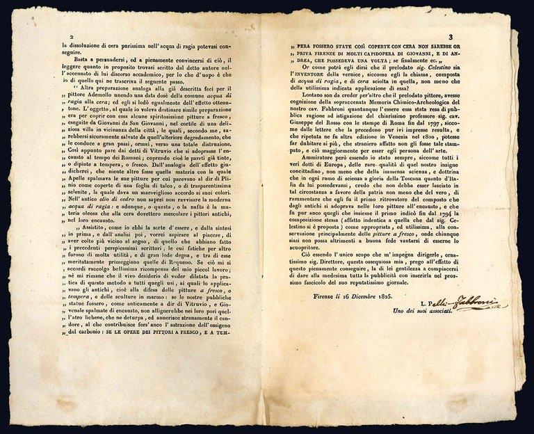 L.P. [PELLI FABBRONI, Leopoldo?]. Corrispondenza. (Estratto dell'Antologia N^ LX). Ornatissimo …