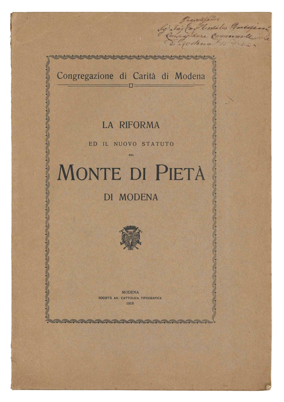 La riforma ed il nuovo statuto del Monte di Pietà …
