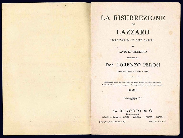La Risurrezione di Lazzaro. Oratorio in due parti, per Canto …