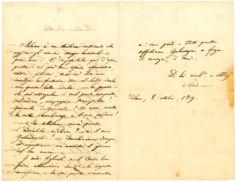 Lettera autografa indirizzata alla marchesa Felicia Giovio Porro (1781-1849). Milano, …