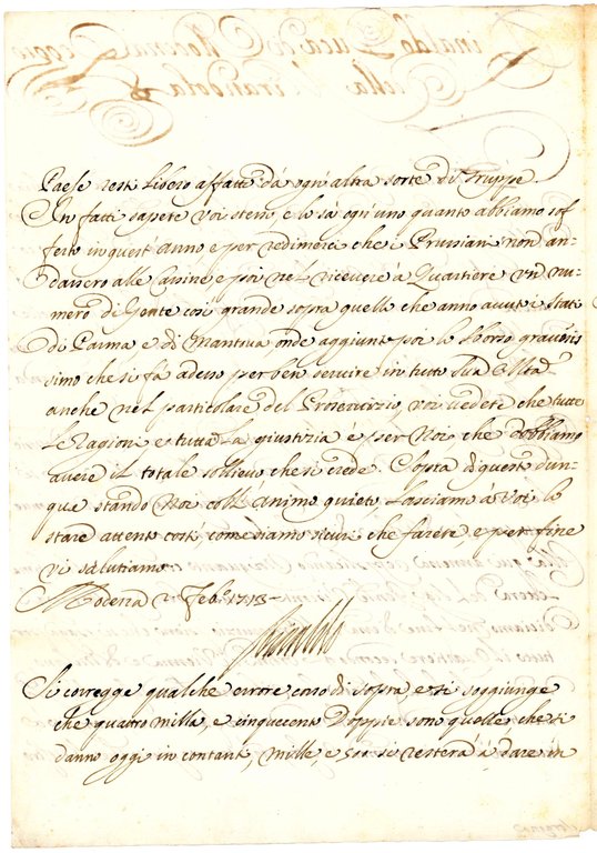 Lettera cancelleresca con firma autografa. Manoscritto su carta. Modena, 2 …