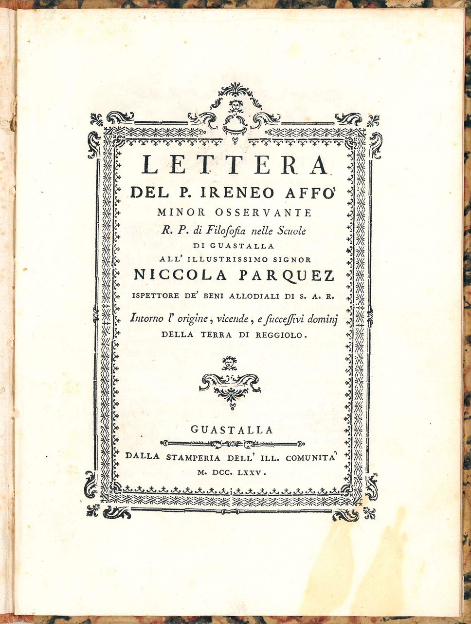 Lettera del P. Ireneo Affò Minor Osservante R.P. di filosofia …