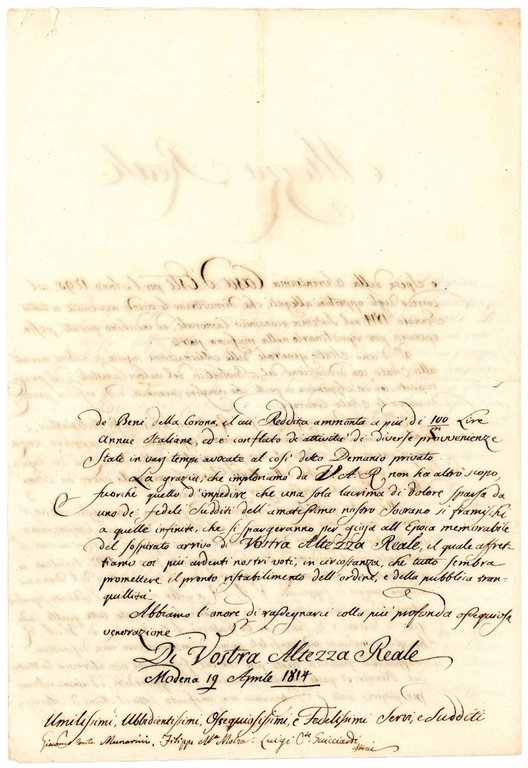 Lettera indirizzata a Francesco IV d'Austria-Este (1779-1846) firmata e datata …