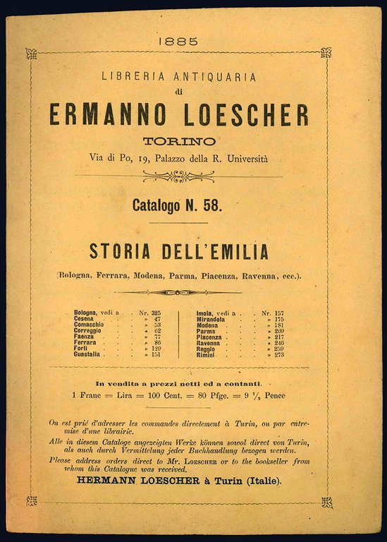 Libreria antiquaria di Ermanno Loescher. Catalogo.