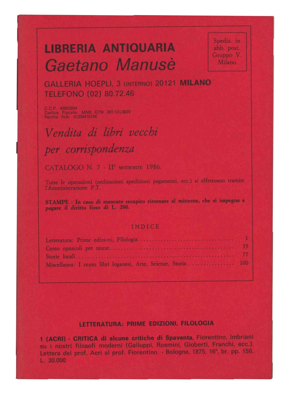 Libreria antiquaria Gaetano Manusè [...] Vendita di libri vecchi per … | Immagine principale